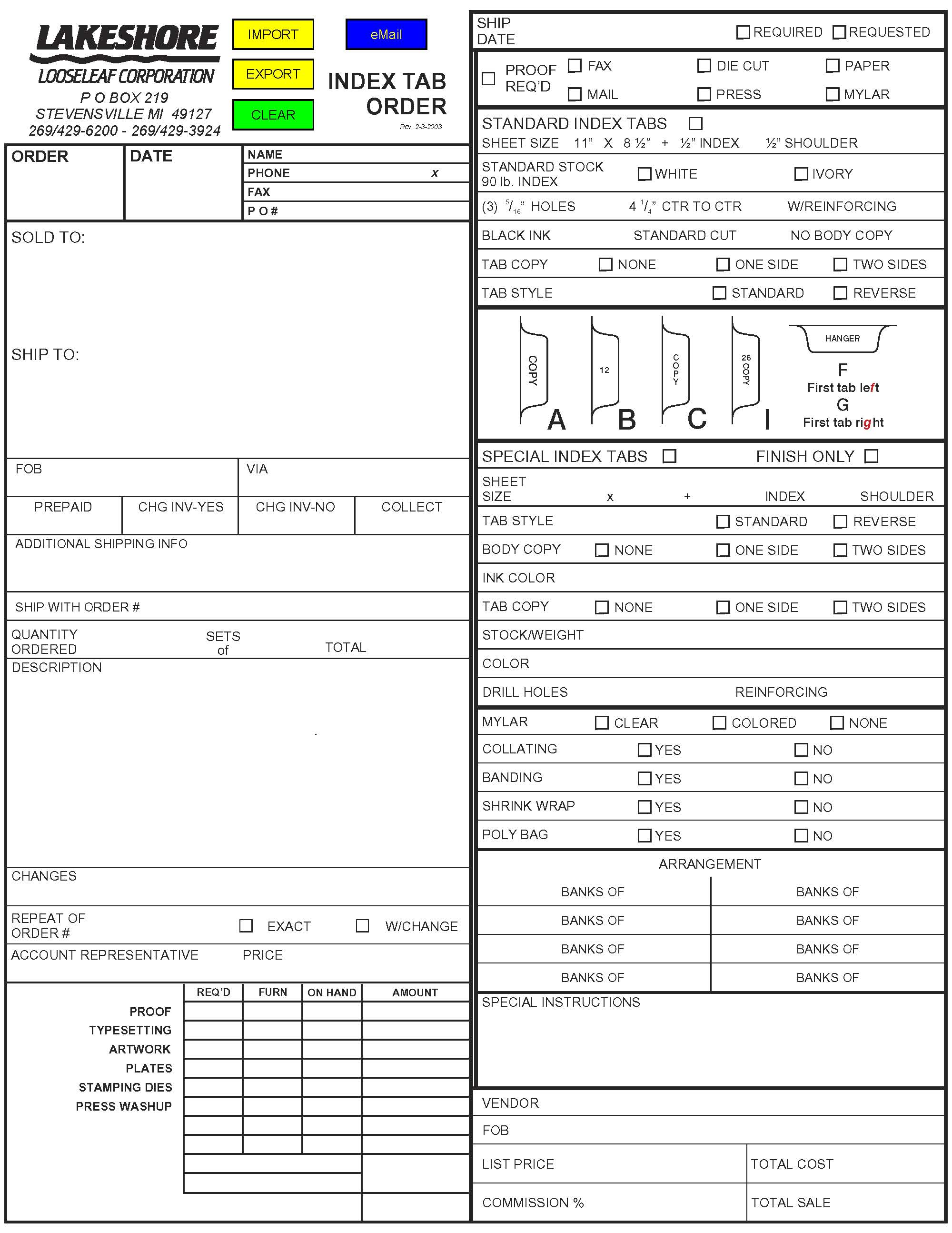 Index Tab Order Form